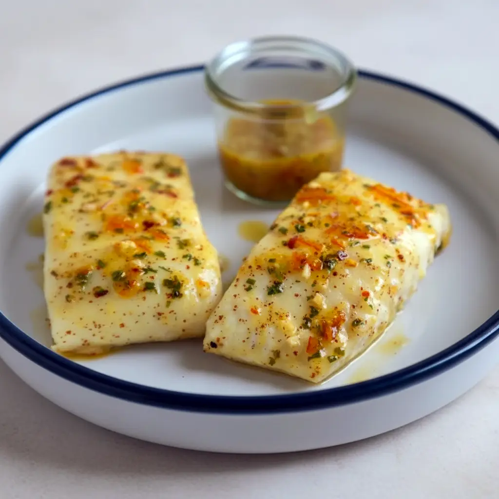 Orange Halibut Recipes — grilled halibut fillet brushed with glossy orange-Dijon glaze, garnished with basil and lemon, ready as a simple Grilled Halibut Dinner.
