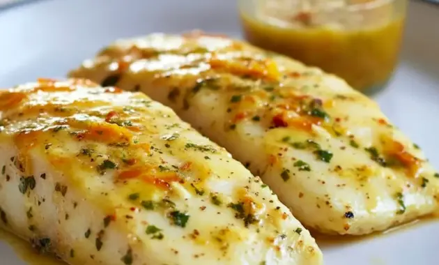 Orange Halibut Recipes — grilled halibut fillet brushed with glossy orange-Dijon glaze, garnished with basil and lemon, ready as a simple Grilled Halibut Dinner.