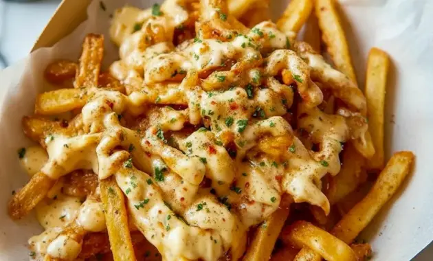 Platter of crispy fries smothered in Wingstop Cheese Sauce, topped with melted white cheddar and chopped green onions.