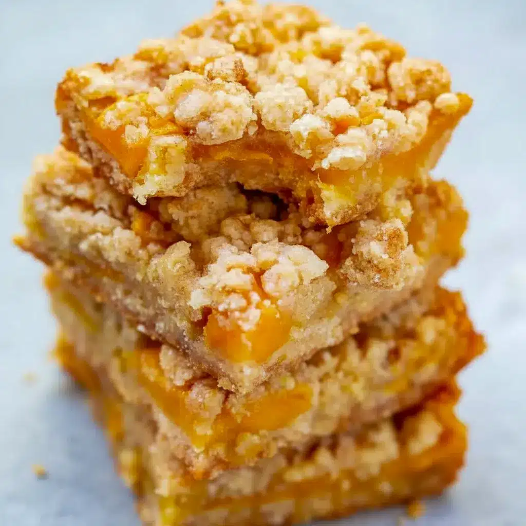 Mango Oatmeal Bars — golden oat crumble bars with bright mango filling stacked on a wire rack, ready to serve.
