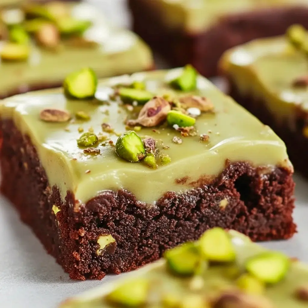 Close-up slice of Pistachio Brownies showing a glossy pistachio ganache, chopped pistachios, and a crackly brownie top.