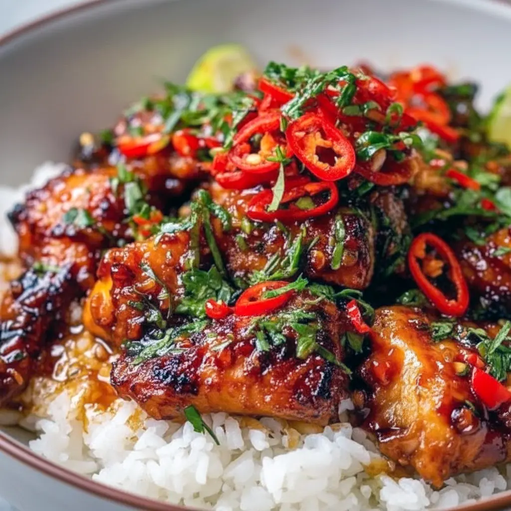 Glazed Thai Sweet Chili Chicken on rice, topped with sliced green onions and lime — an easy Thai Main Dish pressure-cooker dinner.