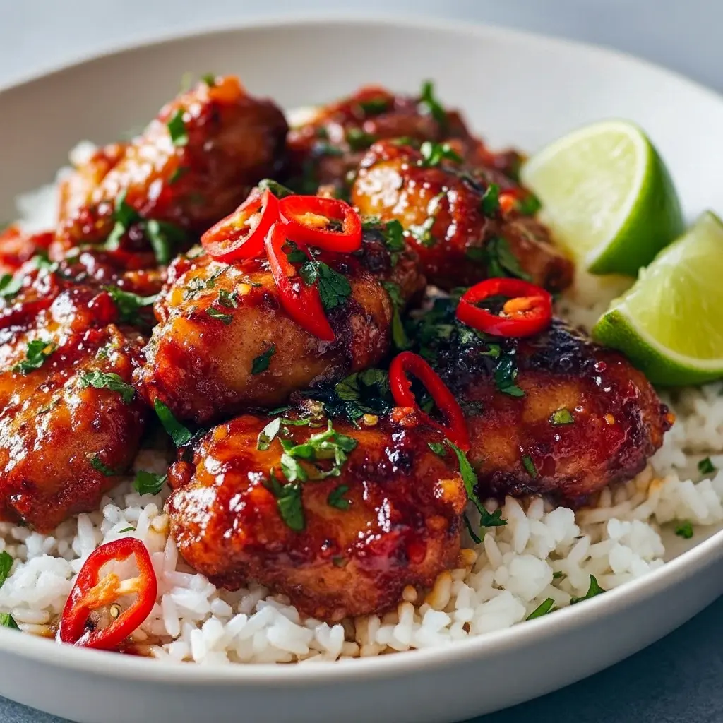 Glazed Thai Sweet Chili Chicken on rice, topped with sliced green onions and lime — an easy Thai Main Dish pressure-cooker dinner.