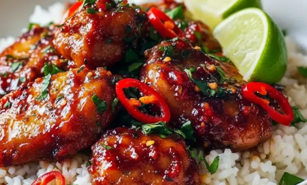 Glazed Thai Sweet Chili Chicken on rice, topped with sliced green onions and lime — an easy Thai Main Dish pressure-cooker dinner.