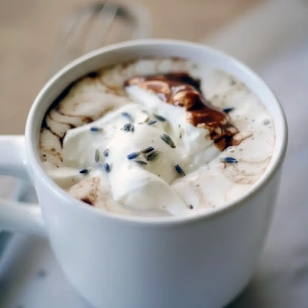 Lavender Hot Chocolate — frothy mug of lavender-infused hot chocolate topped with whipped cream and a few lavender buds, styled on a rustic wooden tray.