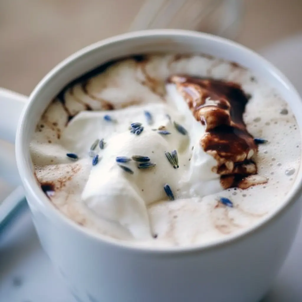 Lavender Hot Chocolate — frothy mug of lavender-infused hot chocolate topped with whipped cream and a few lavender buds, styled on a rustic wooden tray.