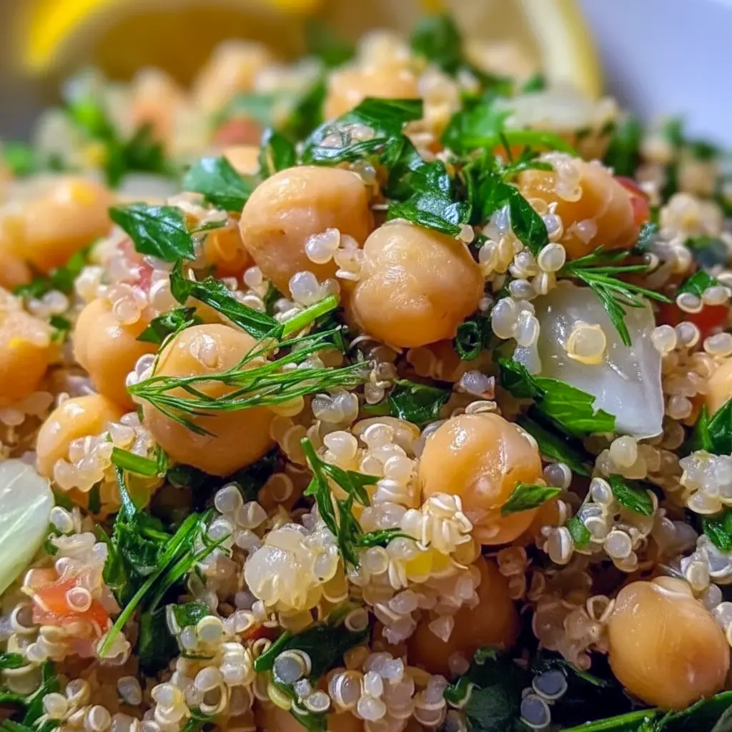 Close-up of a bowl of Quinoa And Chickpeas salad with chopped herbs, cucumber, cherry tomatoes, and a lemon wedge.