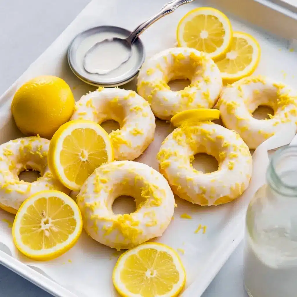 Stack of lemon-vanilla baked donuts with a glossy glaze — Easy Protein Donut Recipe styled as Glazed Protein Donuts and labeled Gluten Free Protein Donuts.