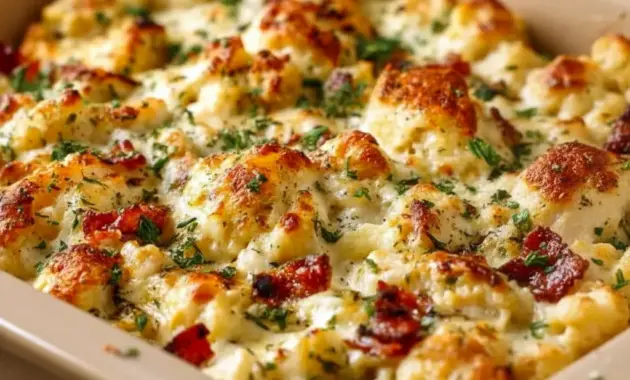 Low Carb High Protein Meal Ideas — golden baked chicken Alfredo topped with melted cheese, spinach, and cherry tomatoes in a casserole dish.