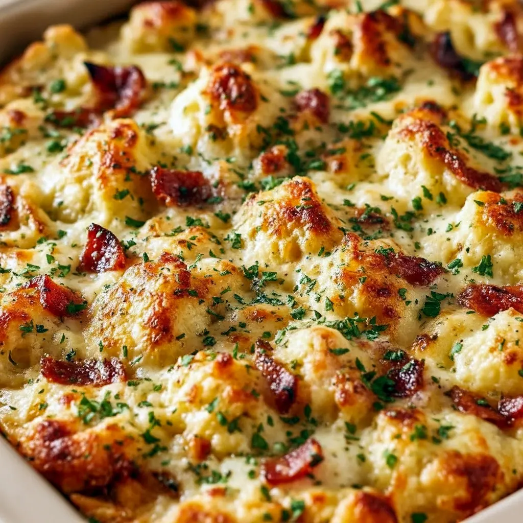 Low Carb High Protein Meal Ideas — golden baked chicken Alfredo topped with melted cheese, spinach, and cherry tomatoes in a casserole dish.