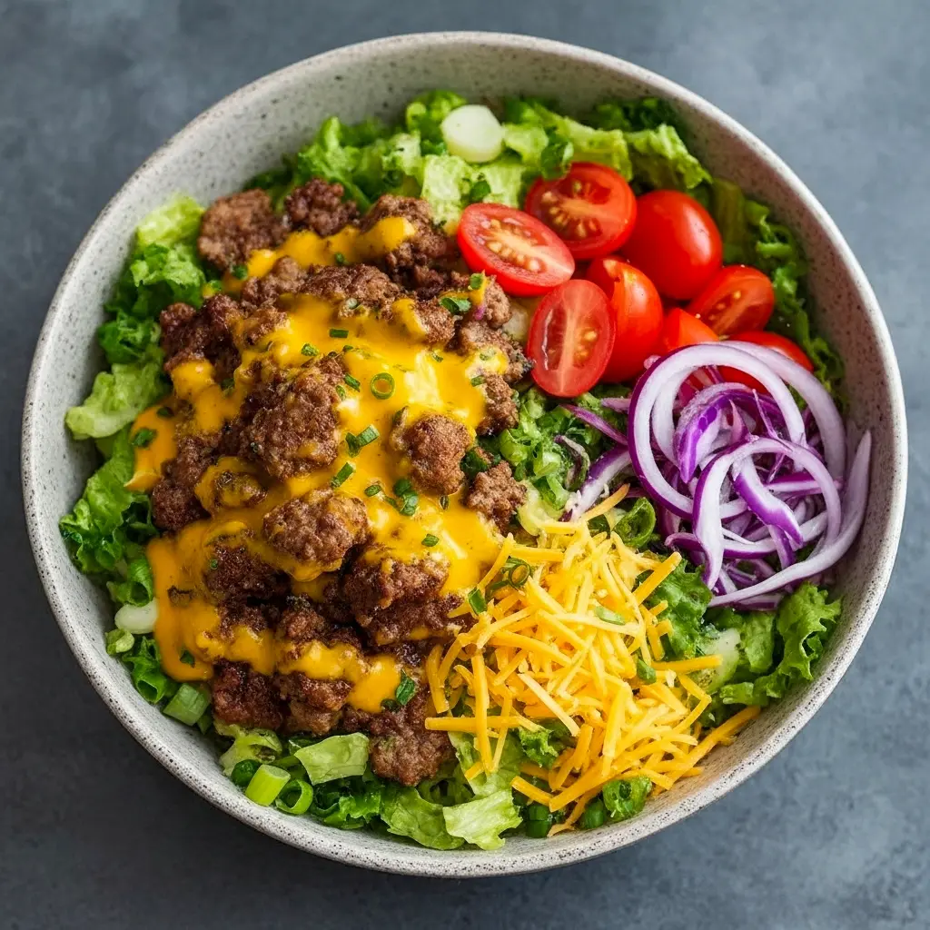 For Low-Carb Meal Prep lovers: close-up of a cheeseburger bowl with seasoned Minced Meat, shredded cheese, pickles, cherry tomatoes and a drizzle of burger sauce — a hearty Protein Dinner option.