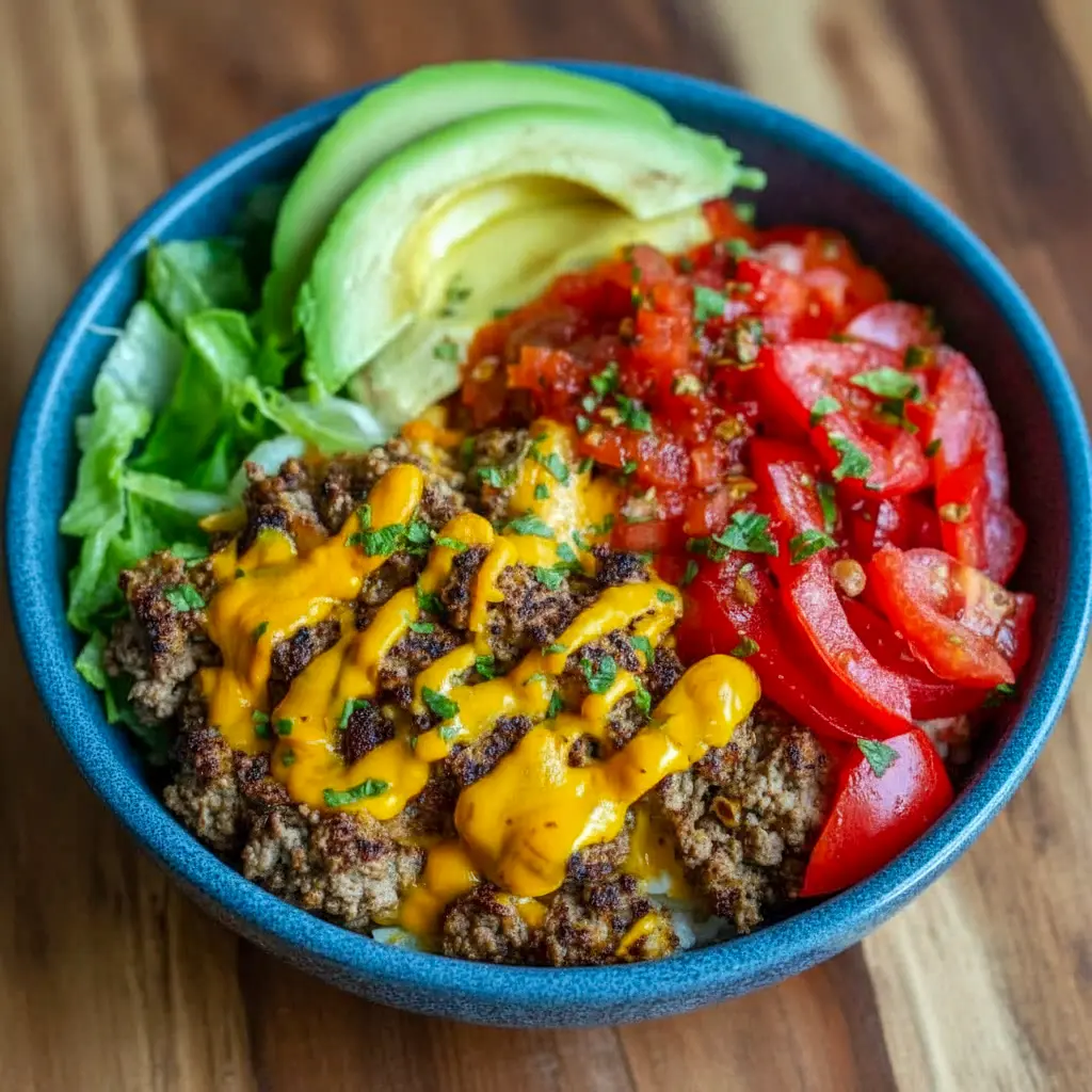 For Low-Carb Meal Prep lovers: close-up of a cheeseburger bowl with seasoned Minced Meat, shredded cheese, pickles, cherry tomatoes and a drizzle of burger sauce — a hearty Protein Dinner option.