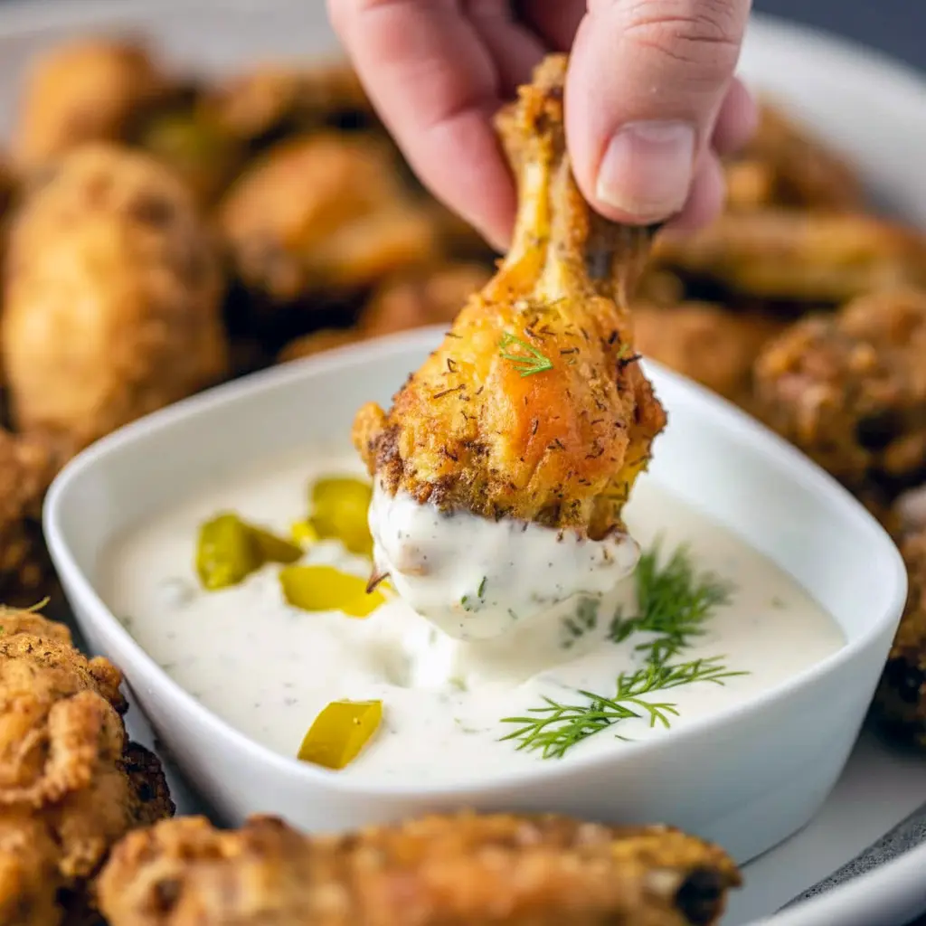 Close-up of crispy Dill Pickle Chicken Wings glazed with dill and served with a bowl of creamy Pickle Wing Sauce — a tangy Pickle Juice Wings favorite.