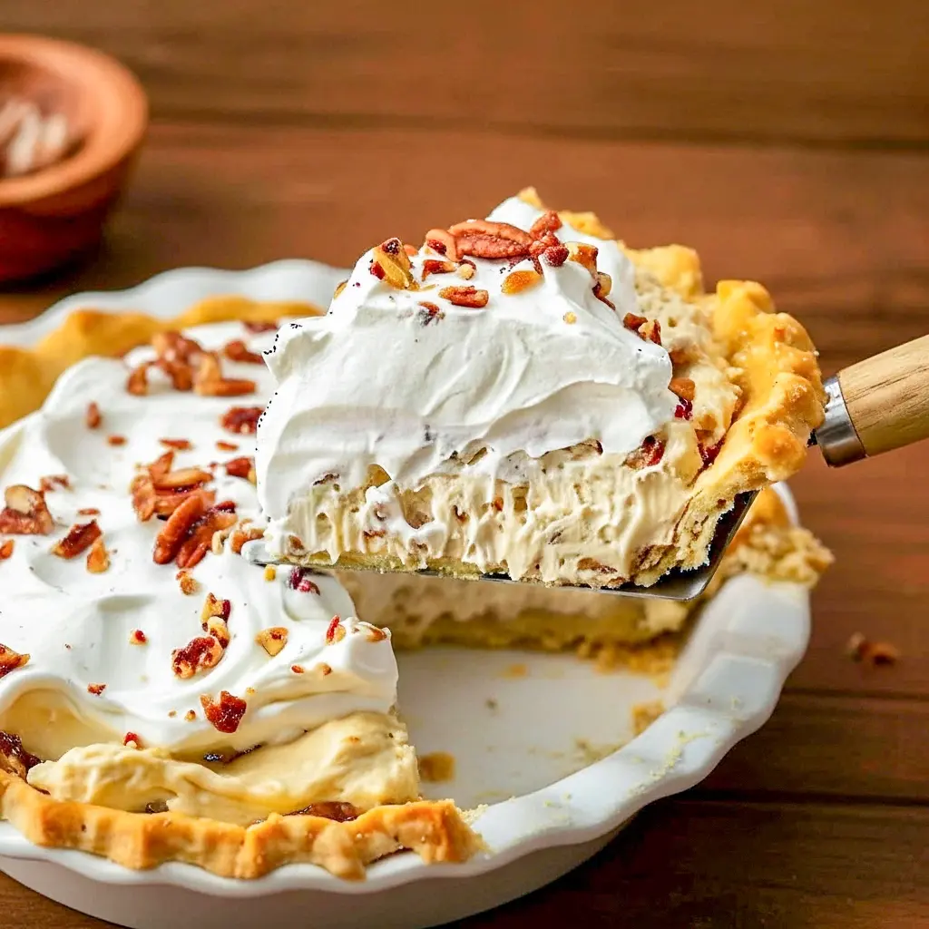 Slice of Pecan Cream Pie with whipped cream and toasted pecans on a plate — creamy filling and crunchy topping, a classic Pies With Cream Cheese dessert.