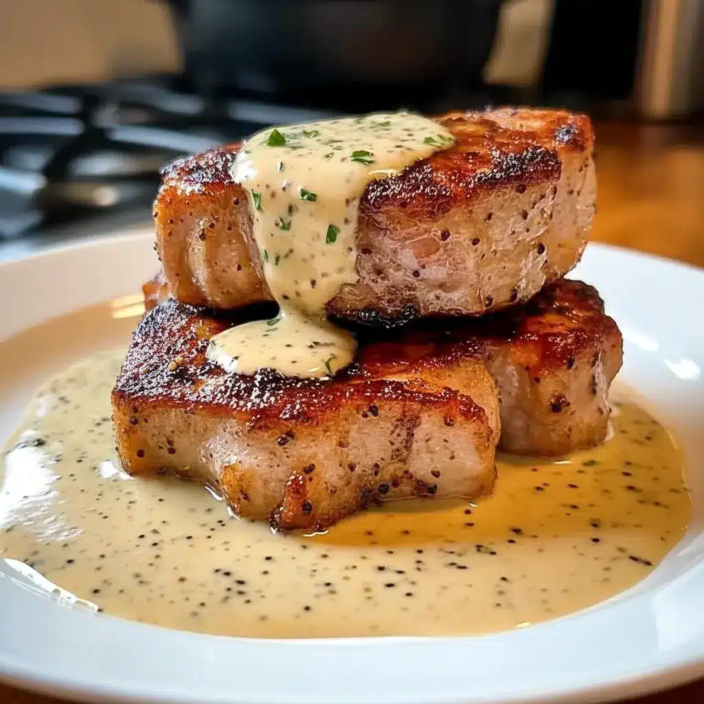 Pork Dishes Recipes — close-up of a maple-glazed pork chop topped with creamy Dijon sauce and crumbled bacon, garnished with fresh herbs.