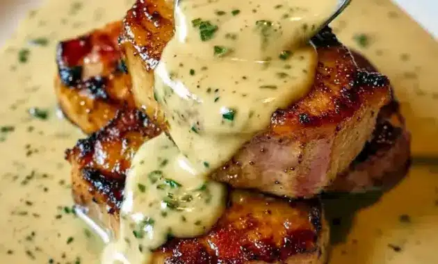 Pork Dishes Recipes — close-up of a maple-glazed pork chop topped with creamy Dijon sauce and crumbled bacon, garnished with fresh herbs.