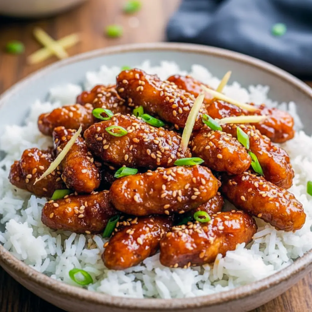 Dragon Chicken glazed in sticky Sweet And Spicy Sauce, topped with sliced green onions and sesame seeds, served over jasmine rice.