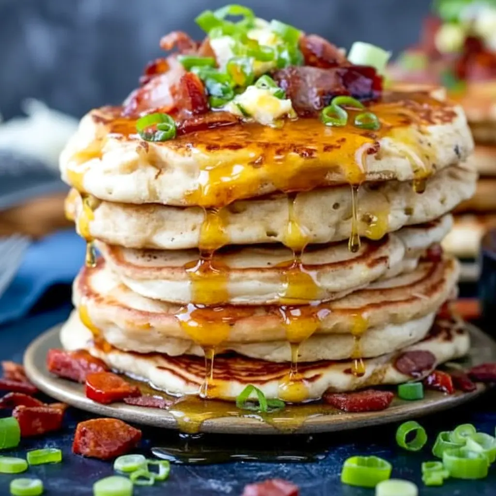 Stack of Savory Pancakes topped with crispy bacon, chorizo bits, melted cheddar, a dollop of chili butter and a glossy golden-syrup drizzle.