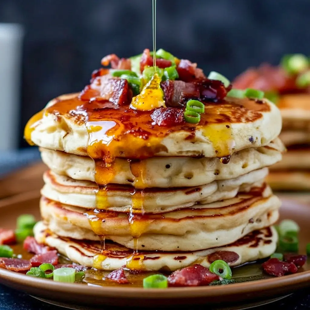 Stack of Savory Pancakes topped with crispy bacon, chorizo bits, melted cheddar, a dollop of chili butter and a glossy golden-syrup drizzle.