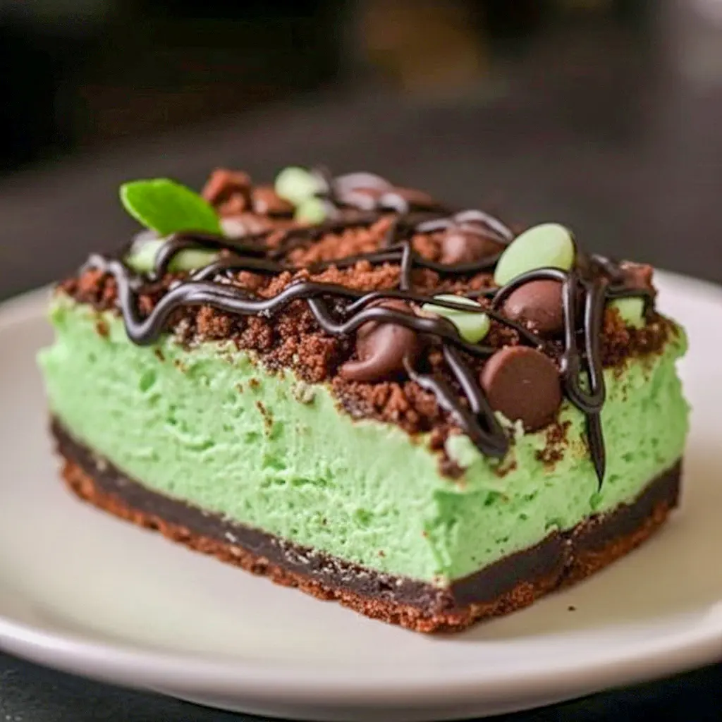 Slice of Mint Chocolate Cheesecake bar on a plate — vivid green mint cheesecake layer over a chocolate crumb crust, drizzled chocolate, and festive sprinkles for Saint Patrick's Day, a tempting example of elegant Cheesecake Bars.