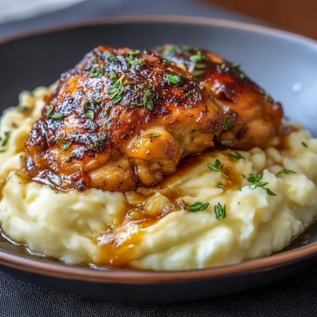 Plated Chipotle Honey Chicken Thighs glazed and caramelized beside creamy smoked Gouda mashed potatoes — a cozy, Cozy Chicken style Chicken Thigh Dishes For Dinner shot ready to tempt your feed.