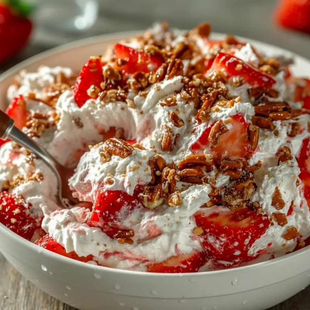 Strawberry Crackle Salad — creamy whipped filling layered with bright sliced strawberries and crunchy pretzel-pecan crackle in a bowl; a fresh, no-bake Light Cold Dessert ready for summer.