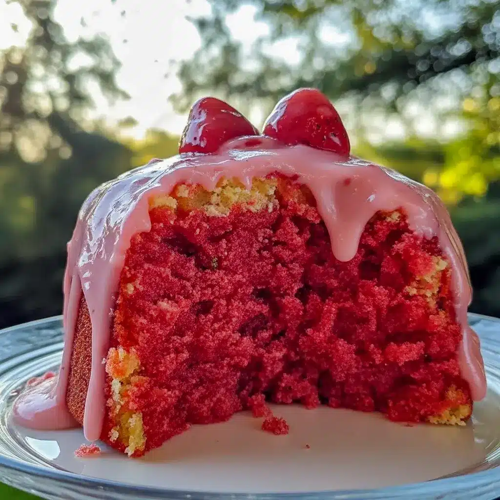 Close-up of a Honeybun-style sheet cake drizzled with Strawberry Icing, sprinkled with cinnamon sugar and fresh berries — a tempting Strawberry Cakes presentation.