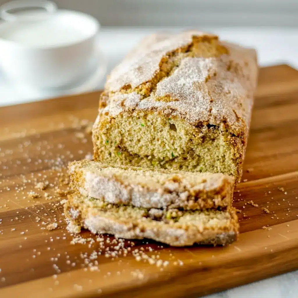Loaf of Snickerdoodle Zucchini Bread on a wooden board, topped with a cinnamon-sugar Snickerdoodle Topping For Zucchini Bread, sliced to show a moist crumb.