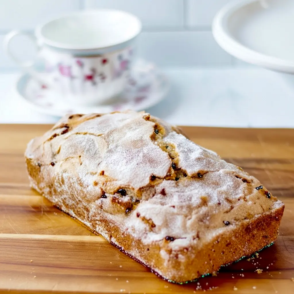 Loaf of Snickerdoodle Zucchini Bread on a wooden board, topped with a cinnamon-sugar Snickerdoodle Topping For Zucchini Bread, sliced to show a moist crumb.