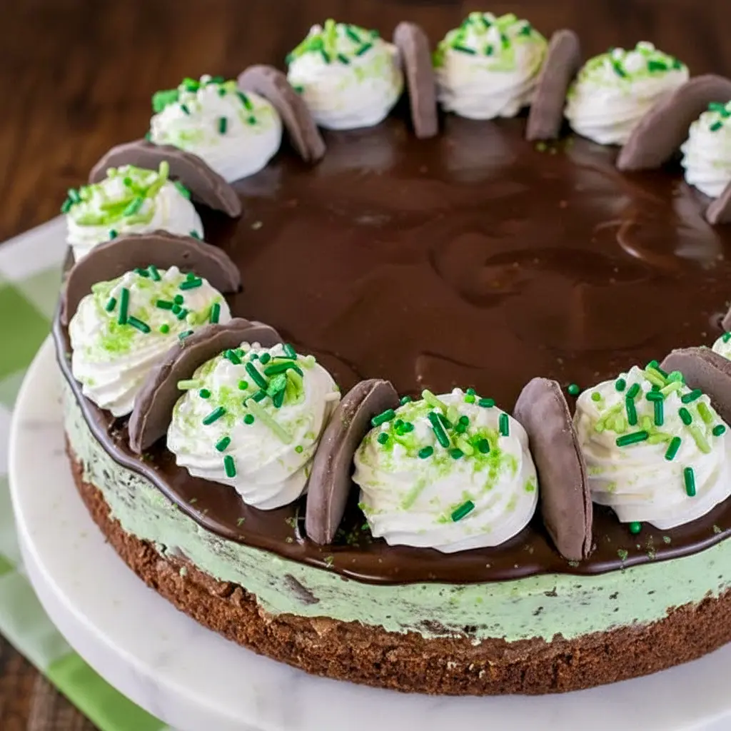 Desserts To Make — close-up of a slice of Thin Mint Cheesecake showing a mint-green cheesecake layer over a chewy brownie crust, glossy chocolate topping, and chopped mint-cookie garnish.