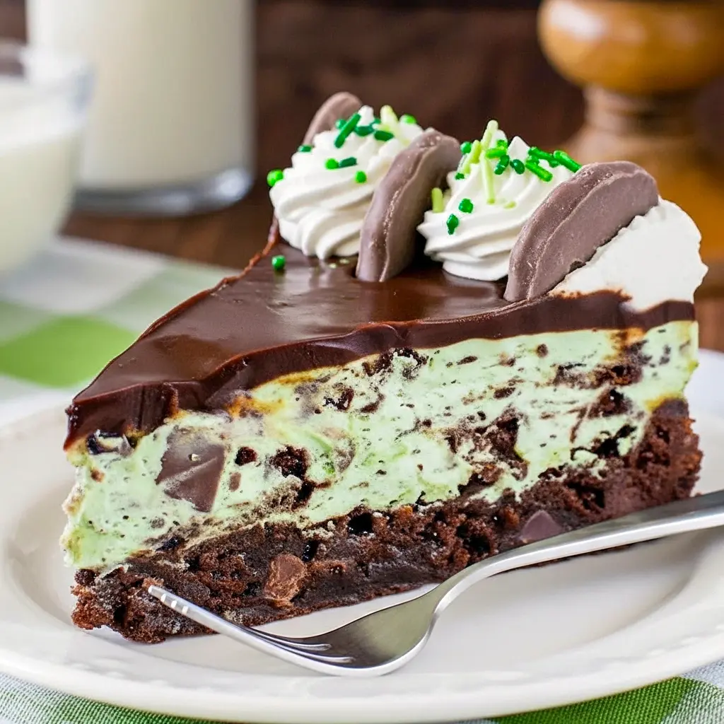 Desserts To Make — close-up of a slice of Thin Mint Cheesecake showing a mint-green cheesecake layer over a chewy brownie crust, glossy chocolate topping, and chopped mint-cookie garnish.