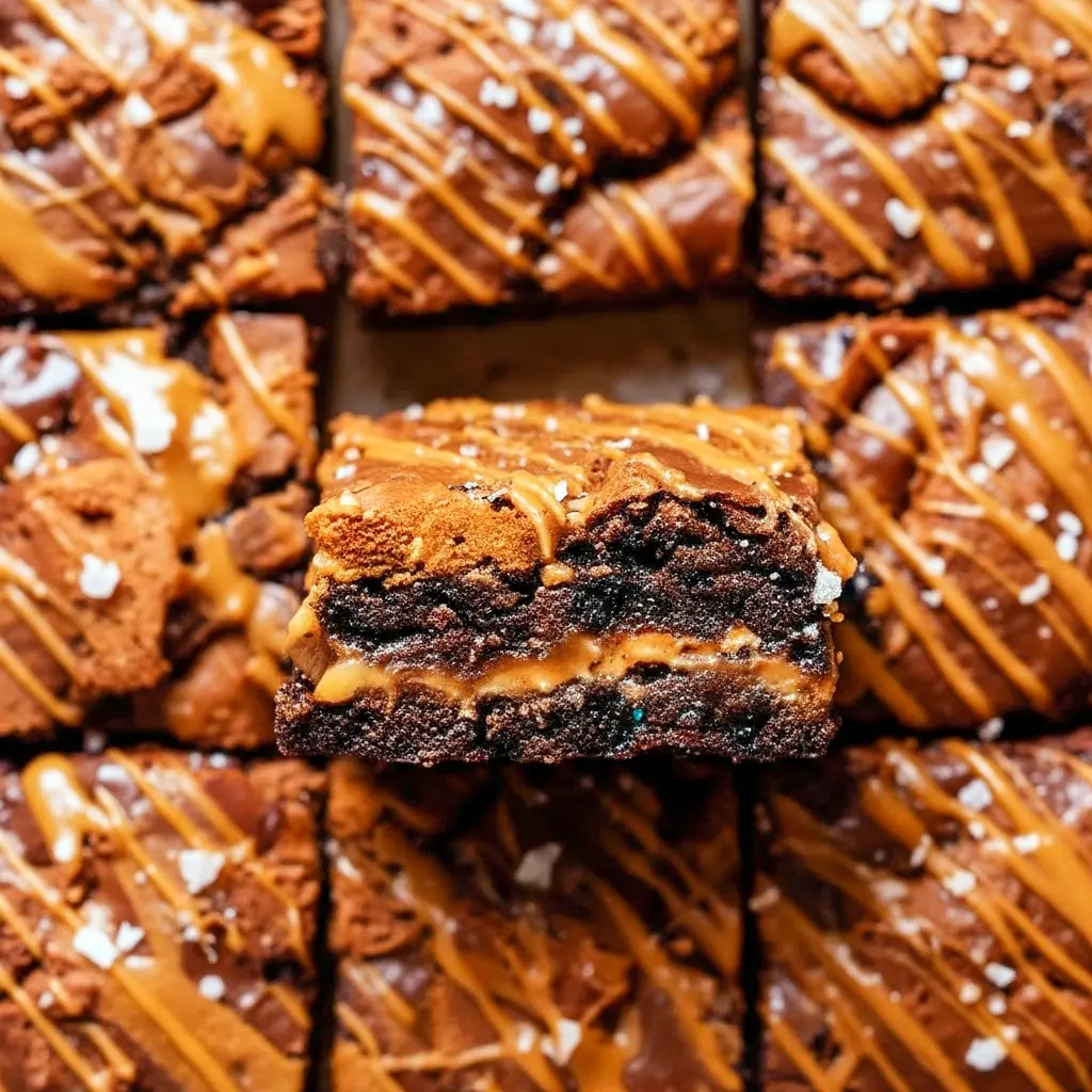 Biscoff Cookie Butter Brownies sliced into squares, revealing a rich chocolate layer, a creamy cookie-butter core, and crushed Biscoff cookies on top.