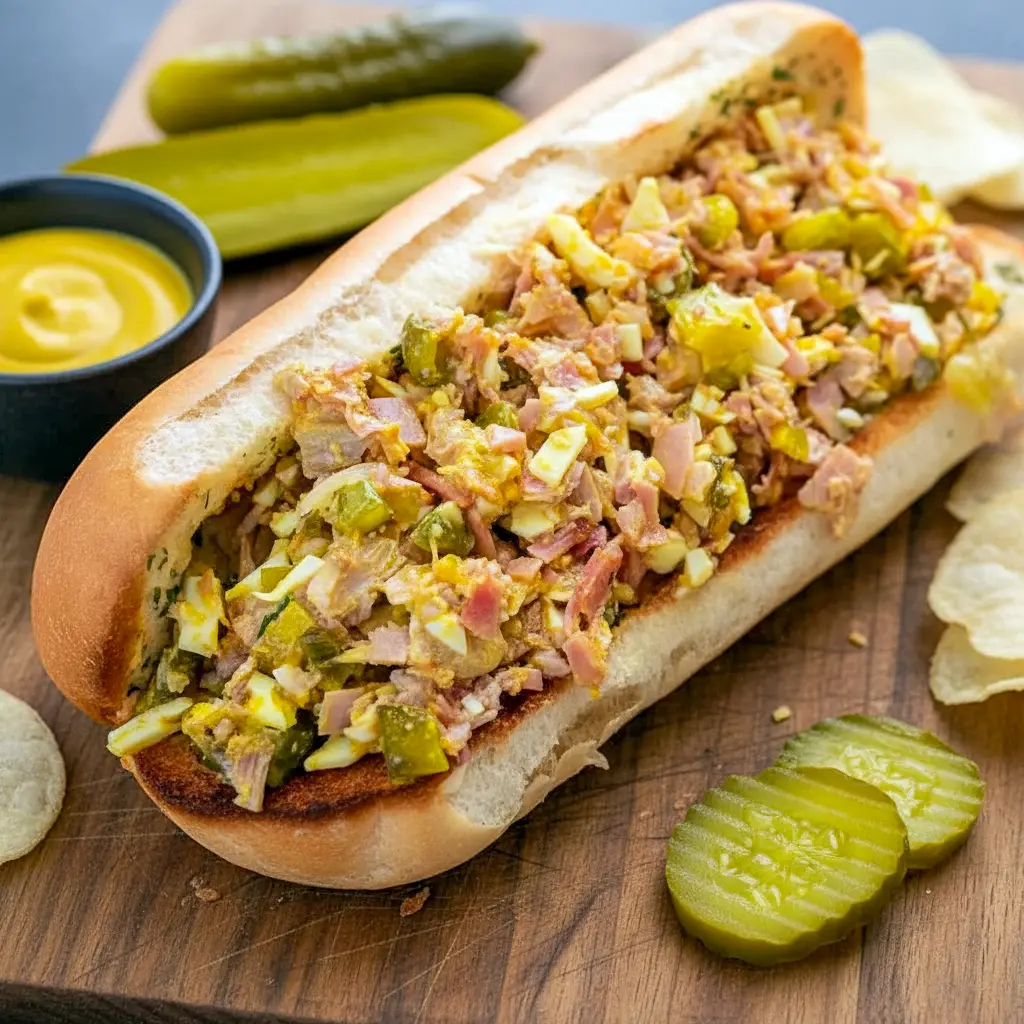 Ultimate Cuban Sandwich halved to show chopped pork, ham, Swiss, dill pickles and mustard inside a toasted garlicky roll.