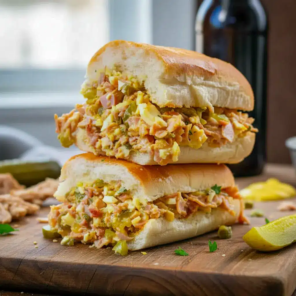 Ultimate Cuban Sandwich halved to show chopped pork, ham, Swiss, dill pickles and mustard inside a toasted garlicky roll.