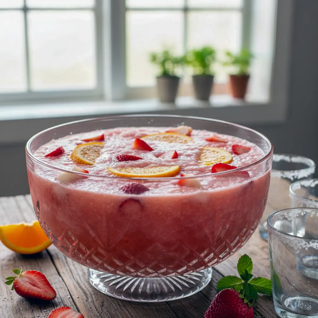 Bowl of icy Slush Punch with citrus slices and a ladle, showing pink, frothy slush and sparkling soda bubbles.