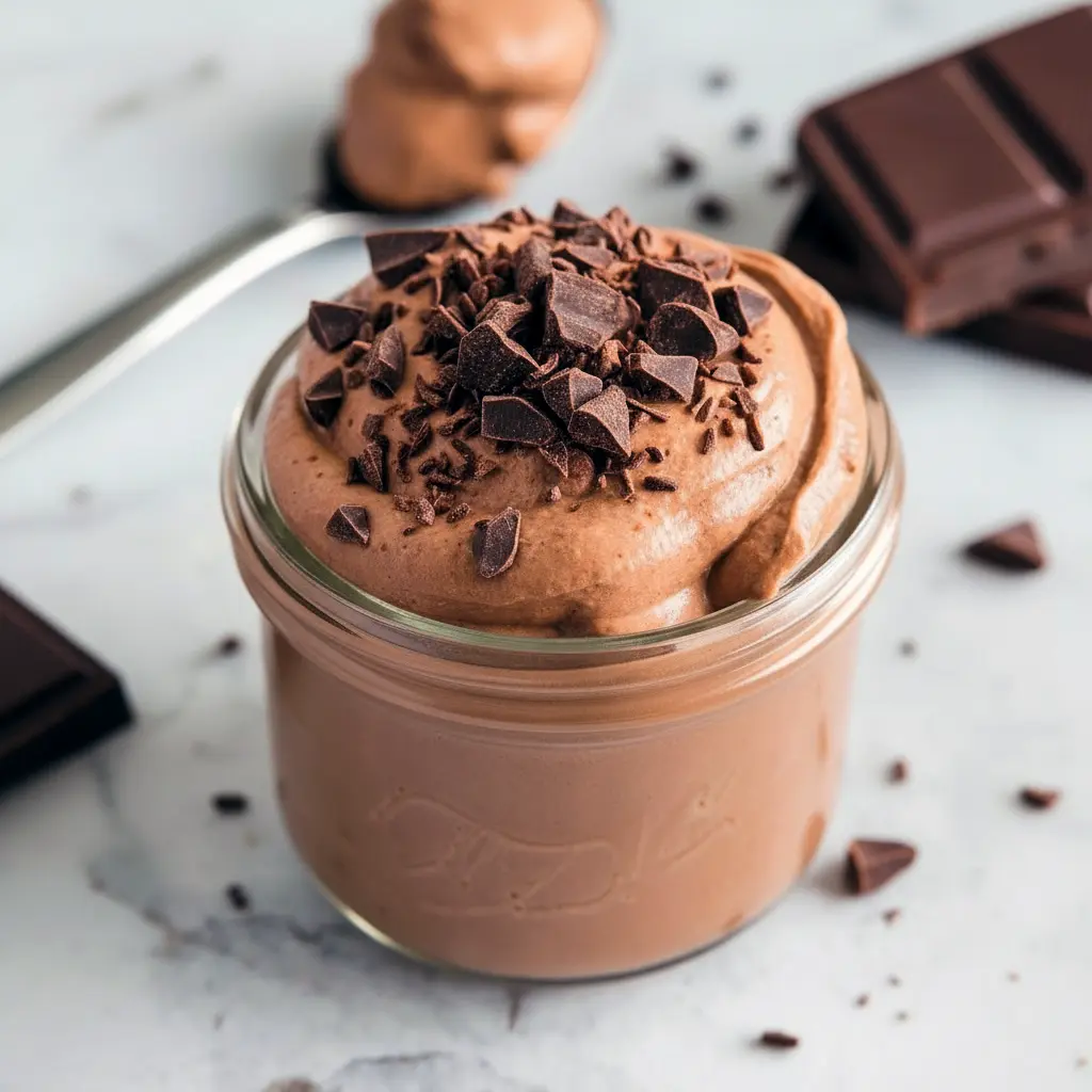 Jar of creamy High Protein Low Carb Snack protein pudding topped with a few nuts and cocoa nibs — a grab-and-go High Protein Low Carb Snack for post-workout or on-the-go fuel.