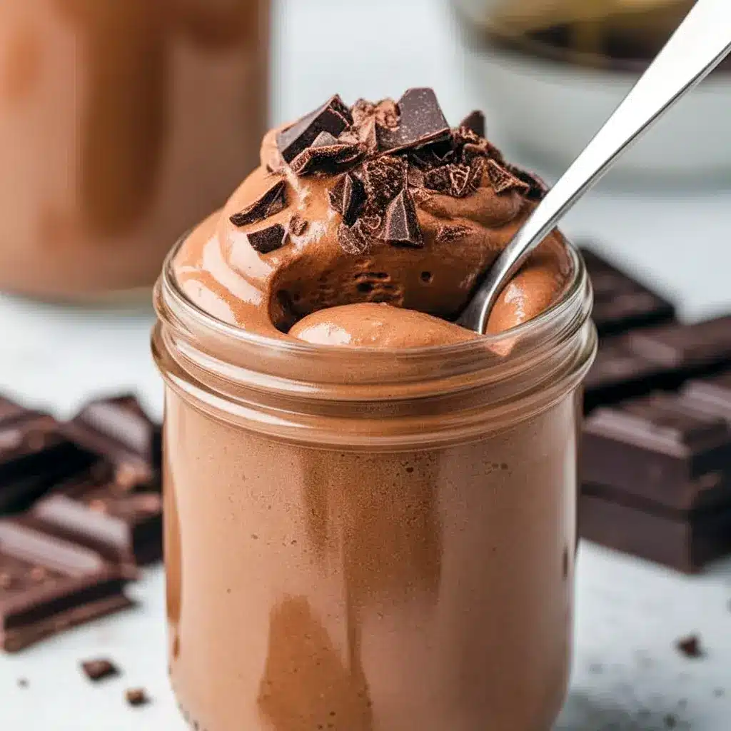 Jar of creamy High Protein Low Carb Snack protein pudding topped with a few nuts and cocoa nibs — a grab-and-go High Protein Low Carb Snack for post-workout or on-the-go fuel.