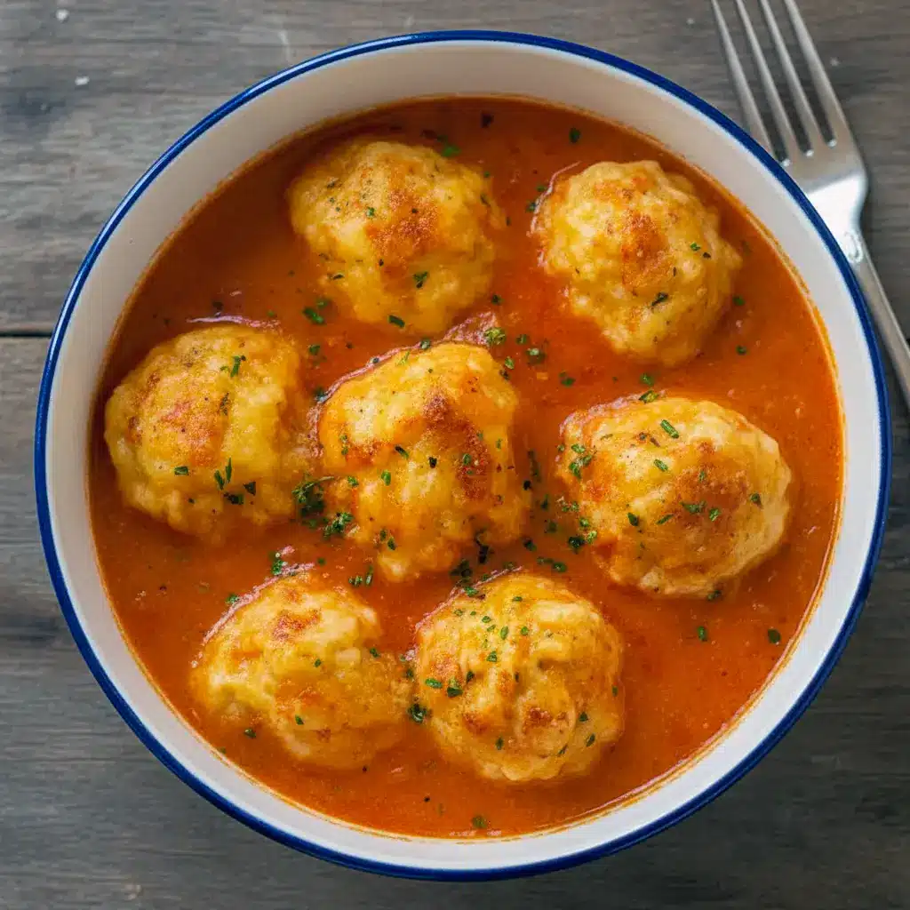 Bowl of Comfort Soups for Cold Weather — creamy tomato broth topped with golden Cheddar Bay dumplings and a sprinkle of parsley, a warm Tomato Dumpling Soup presentation.