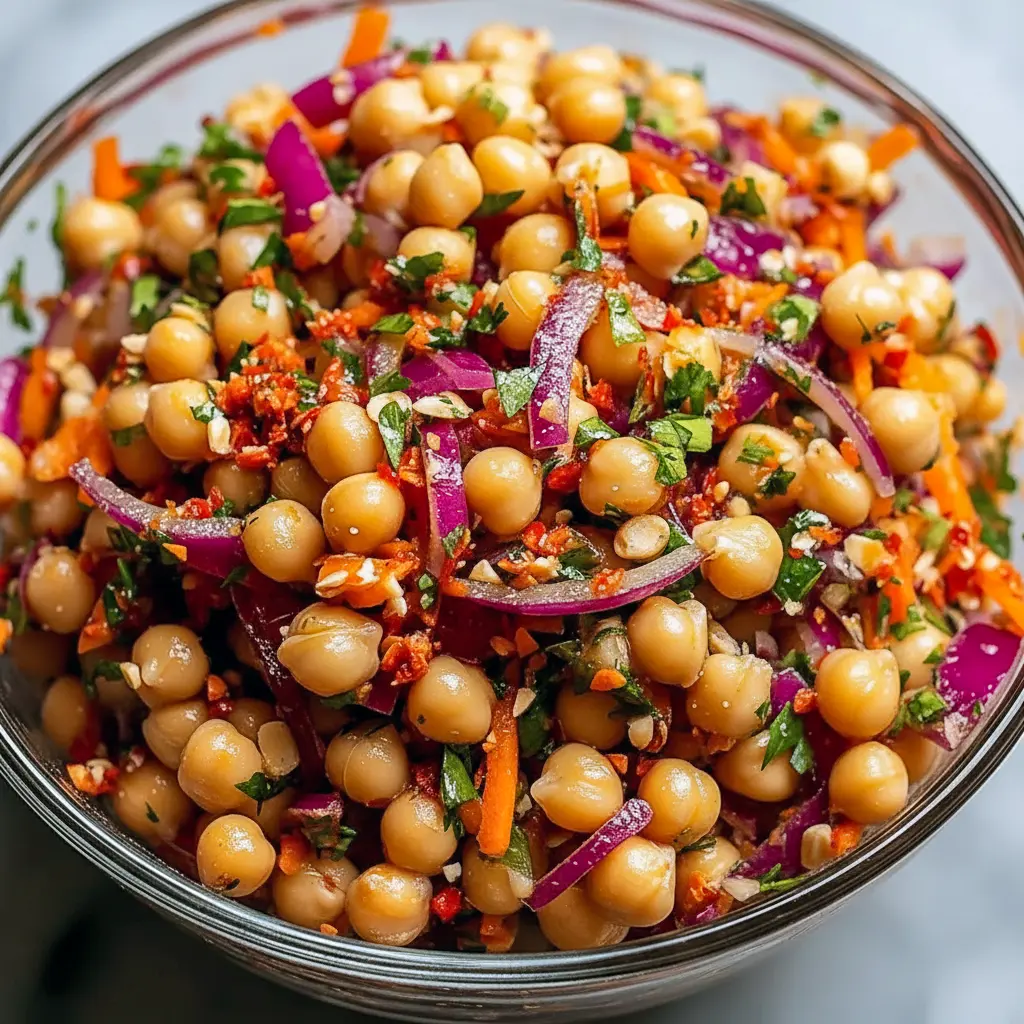 Bowl of Asian Chickpea Salad with shredded red cabbage, diced bell pepper, chickpeas, chopped peanuts, and a creamy tahini-lime dressing.