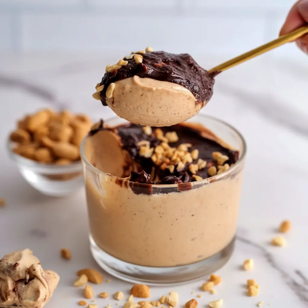 Jar of Cottage Cheese Peanut Butter Mousse drizzled with dark chocolate and chopped peanuts — a simple High Protein Desserts snack.
