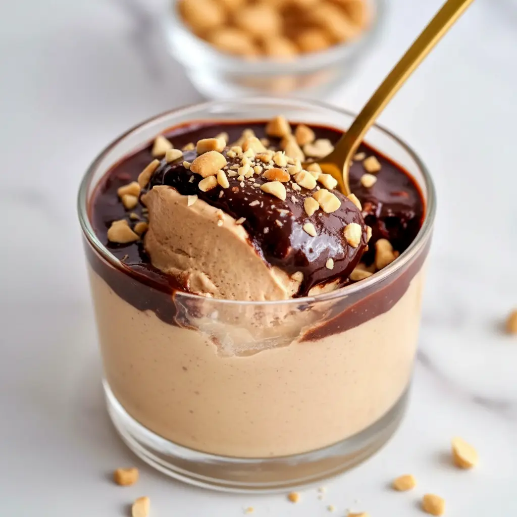 Jar of Cottage Cheese Peanut Butter Mousse drizzled with dark chocolate and chopped peanuts — a simple High Protein Desserts snack.