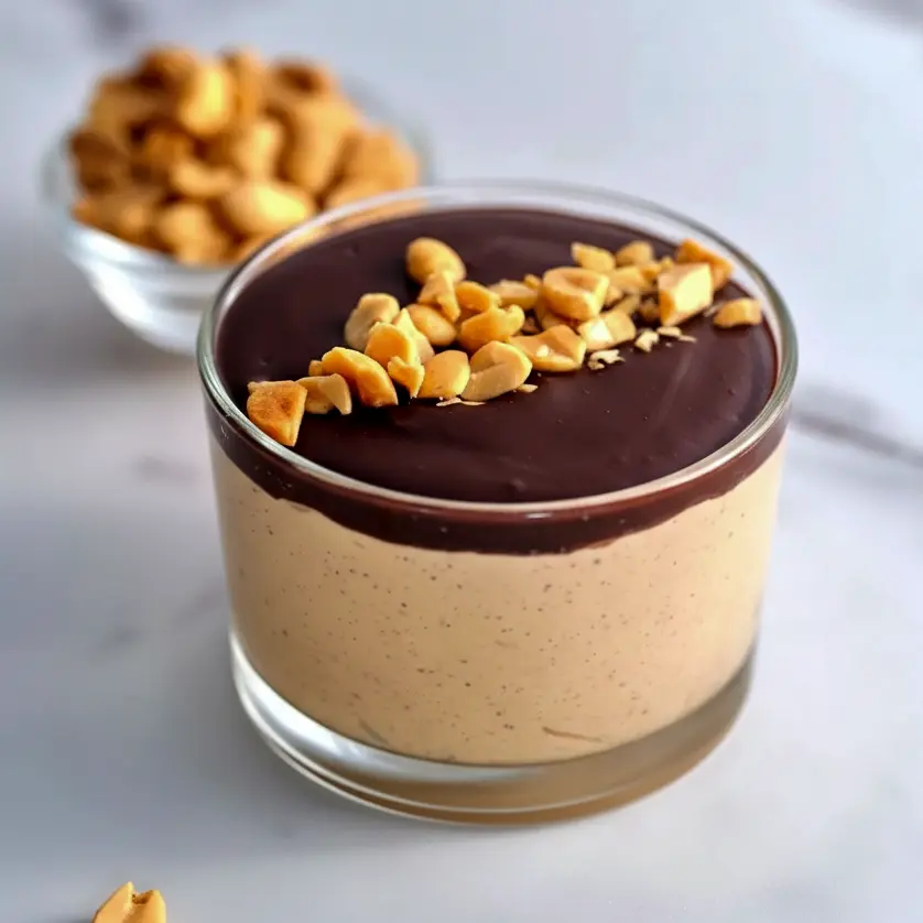 Jar of Cottage Cheese Peanut Butter Mousse drizzled with dark chocolate and chopped peanuts — a simple High Protein Desserts snack.