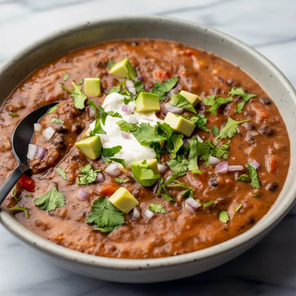 Steaming bowl of Black Bean Soup topped with cilantro, avocado, and a lime wedge — a simple Homemade Black Bean Soup ready in half an hour.