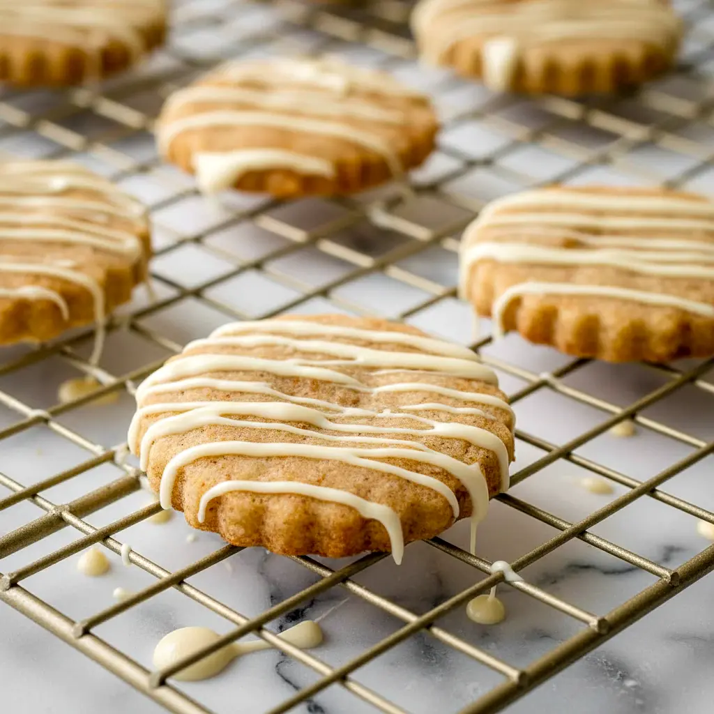 A plate of Carrot Cake Shortbread Cookies with a golden buttery texture, specks of carrot and walnut, and a light spring-inspired look for a cozy Carrot Cake Cookies pin.