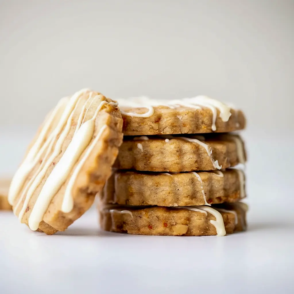 A plate of Carrot Cake Shortbread Cookies with a golden buttery texture, specks of carrot and walnut, and a light spring-inspired look for a cozy Carrot Cake Cookies pin.