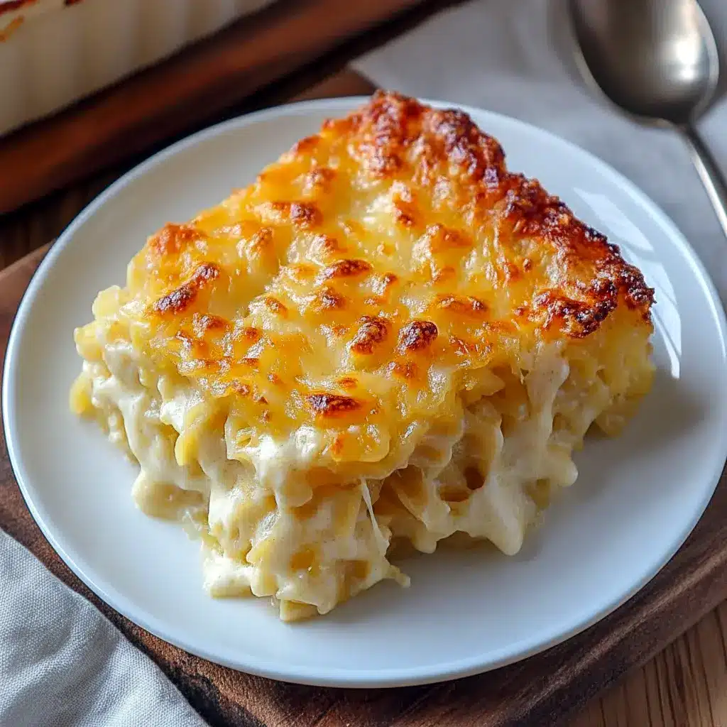 Golden slice of Spaghetti Squash Au Gratin with melted mozzarella and a crisp Parmesan crust, plated and ready to serve.