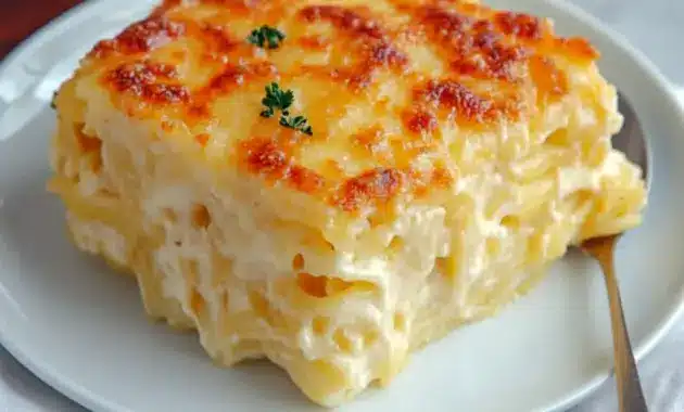 Golden slice of Spaghetti Squash Au Gratin with melted mozzarella and a crisp Parmesan crust, plated and ready to serve.