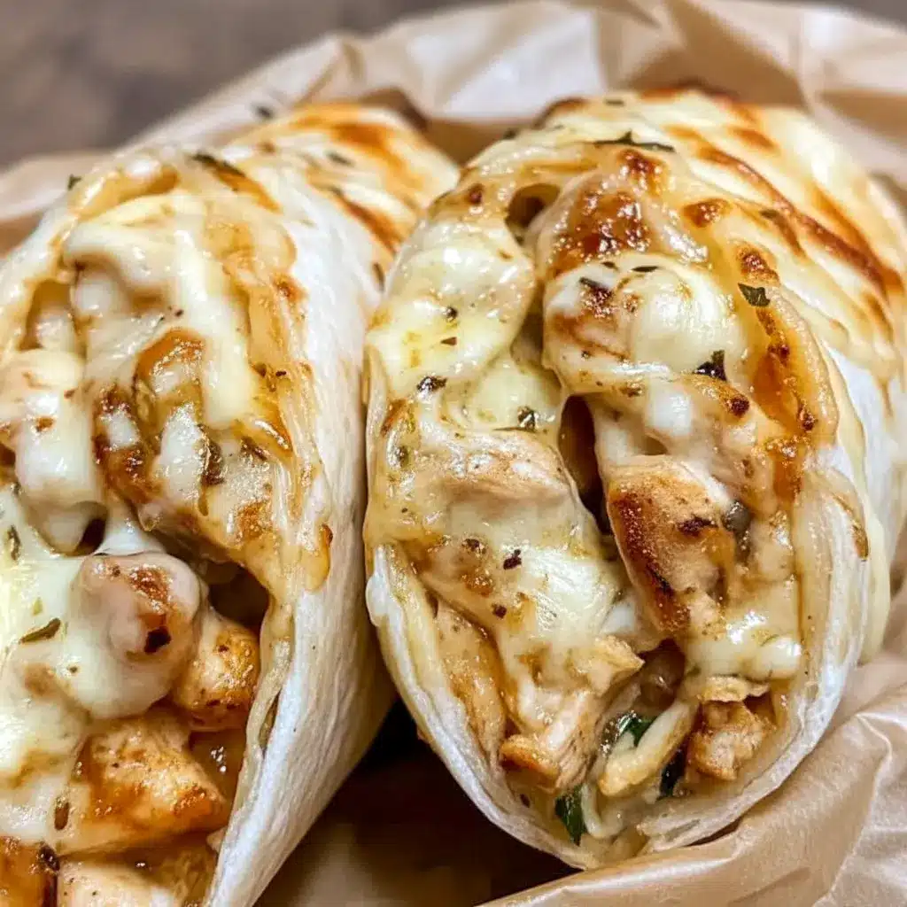 Close-up of Cheesy Garlic Chicken Wraps sliced open with melted cheese, garlic chicken filling, and golden crispy tortillas, styled as an easy Yummy Dinners idea.