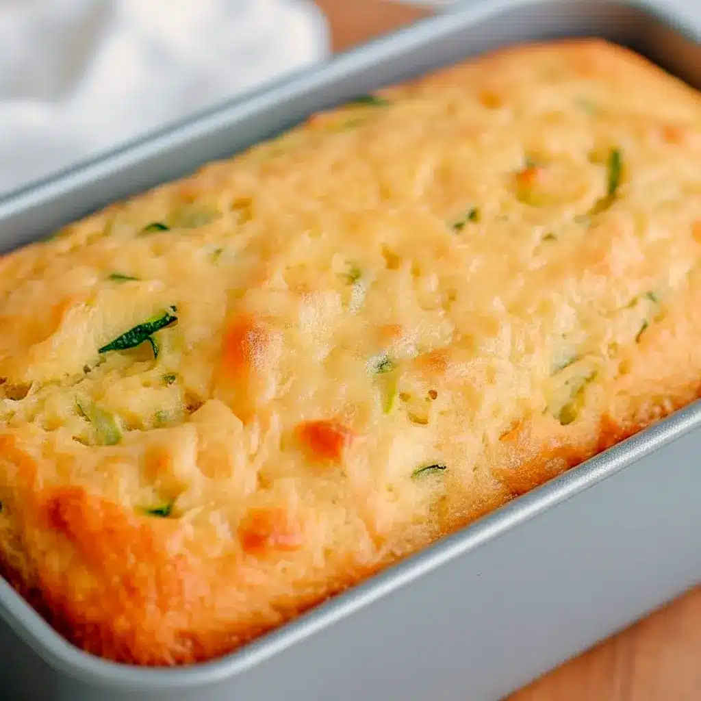 Slice of Zucchini Cheddar Bread on a wooden board, showing gooey cheddar and flecks of green zucchini.