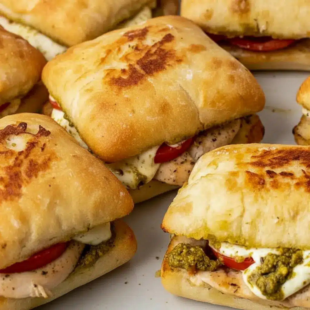 Chicken Pesto Sandwich on toasted ciabatta with juicy chicken, melted mozzarella, tomato slices, and pesto for a quick Healthy Chicken Sandwich Recipes style dinner.